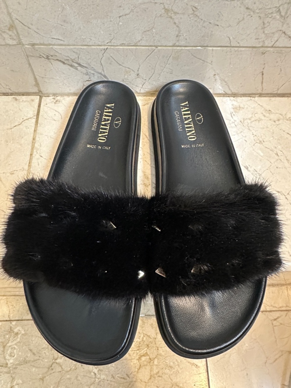 Valentino Black Fur Slide Sandals with Stud Details Size 8.5